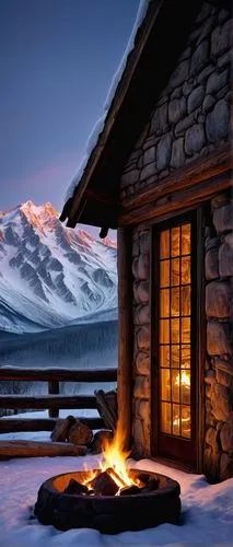 the cabin in the mountains,mountain hut,snow shelter,winter house,warm and cozy,mountain huts,alpine hut,log fire,fire place,snow house,log cabin,winter night,house in mountains,fireside,house in the mountains,warmth,fireplaces,alpine style,mount rainier,snowy landscape,Conceptual Art,Oil color,Oil Color 05