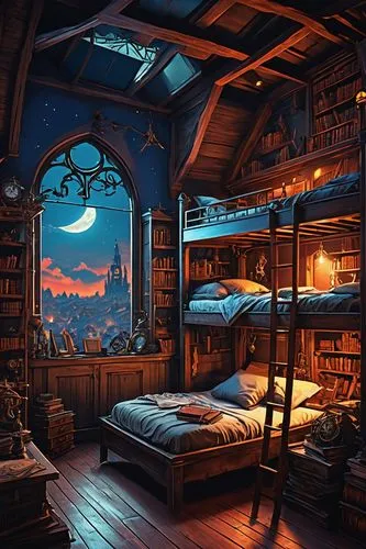 sleeping room,book wallpaper,attic,bookshelves,sci fiction illustration,inglenook,great room,cartoon video game background,fantasy picture,3d fantasy,storybook,slumberland,ornate room,children's bedroom,bookcase,abandoned room,bookshelf,schuitema,bedroom,bookcases,Photography,General,Realistic