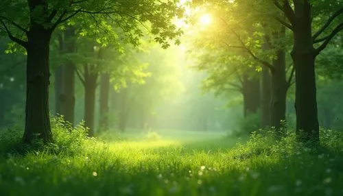 Calming green background, various shades of green, natural scenery, trees, leaves, plants, forest, park, garden, peaceful atmosphere, warm sunlight filtering through trees, soft shadows, relaxing comp