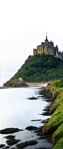 Medieval island, Saint Michael's Mount, Mont Saint Michel, majestic castle walls, rugged coastline, dramatic sea waves, misty atmosphere, golden hour lighting, low-angle shot, symmetrical composition,