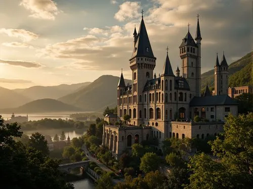 Majestic towers, Gothic spires, intricately carved stone walls, grandiose archways, mystical stained glass windows, ivy-covered facades, whimsical turrets, rolling hills, misty valleys, serene lakes, 