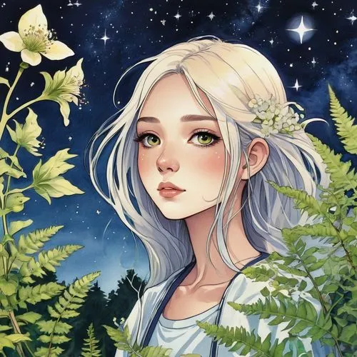 starflower,moonflower,fairy galaxy,fireflies,starry,stars and moon,fantasy portrait,falling stars,aurora,virgo,flora,star illustration,starry sky,star flower,stargazing,faerie,garden fairy,constellation,the moon and the stars,dandelion