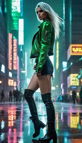 hk,femme fatale,cyberpunk,neon lights,ny,havana brown,nerve,toni,nyc,birds of prey-night,futuristic,blonde woman,puma,ronda,leather boots,jade,hong,time square,neon light,walking in the rain,Conceptual Art,Sci-Fi,Sci-Fi 17