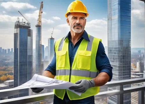 Middle-aged, muscular man, construction hat, yellow vest, gloves, rugged boots, standing, confident pose, holding blueprints, modern architecture design office, cityscape background, skyscraper, glass