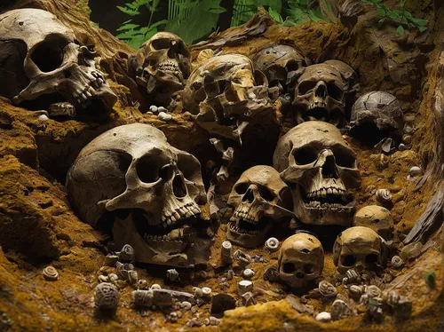 In a dystopian future, a group of survivors stumbles upon a hidden cache of fossilized remains. Describe their reactions.,catacombs,the grave in the earth,skull bones,neanderthals,skulls and,burial gr