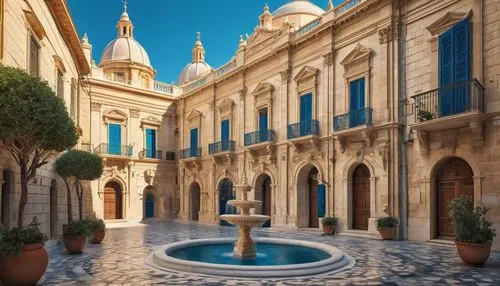 Baroque architecture, Maltese design, grandeur, ornate details, intricate stone carvings, golden domes, blue skies, Mediterranean Sea, Valletta cityscape, narrow cobblestone streets, ancient fortifica