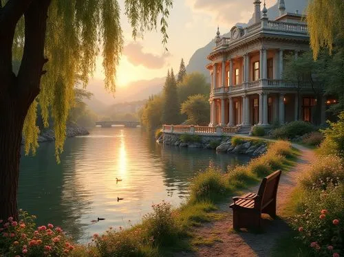 Riverbank classicism, elegant villa, luxurious mansion, beautiful riverside, sunset time, golden light reflecting off calm water, weeping willows gently swaying near bank, a variety of wildflowers blo