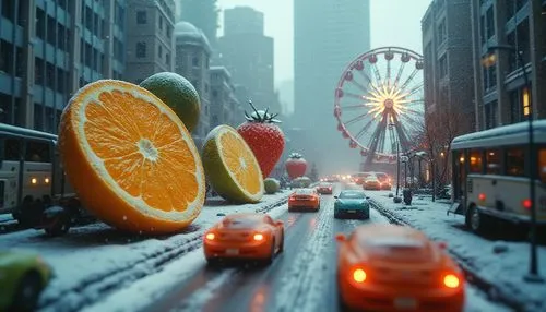  Giant Fruits in a Miniature City\nEnvision a bustling cityscape where towering skyscrapers are dwarfed by giant slices of citrus fruits. Oranges, lemons, and limes loom over the buildings, dripping w