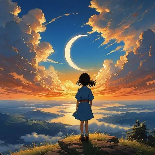 cielo,sky,horizon,moon and star background,fantasia,dream world,hanging moon,crescent moon,moon and star,lunar,beautiful wallpaper,ghibli,luna,fantasy picture,melancholia,world digital painting,escapism,the horizon,miyazaki,zindagi,Illustration,Japanese style,Japanese Style 14