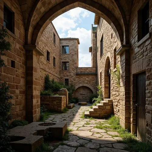 Rustic stone walls, rough-hewn granite blocks, weathered brick facades, ornate carvings, gothic arches, medieval-inspired fortifications, distressed textures, earthy tones, moss-covered surfaces, ivy-