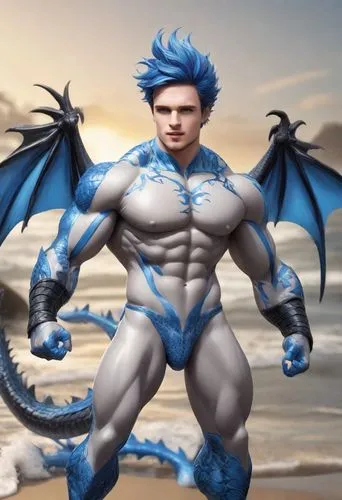 A mistake at the beach.

The guy became blue and white muscle  antro dragon, a transparent vinyl toy. The character has an muscle body with blue wings and a tail. The body of character is made of a vi