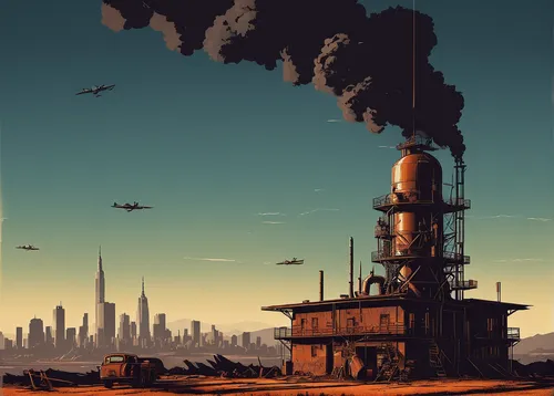 Create a thought-provoking movie poster for Oppenheimer with a backdrop of the Manhattan Project.,refinery,post-apocalyptic landscape,industrial landscape,post apocalyptic,sci fiction illustration,was