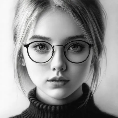 女生，黑白，素描，黑色毛衣
,a drawing of a woman with glasses and a sweater,girl portrait,girl drawing,lily-rose melody depp,pencil drawings,digital painting,silver framed glasses,Illustration,Black and White,Blac