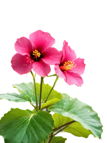 Hibiscus flower, tropical theme, bright pink petals, yellow center, delicate stamens, soft green leaves, water droplets, morning dew, shallow depth of field, warm sunlight, 3/4 composition, vibrant co