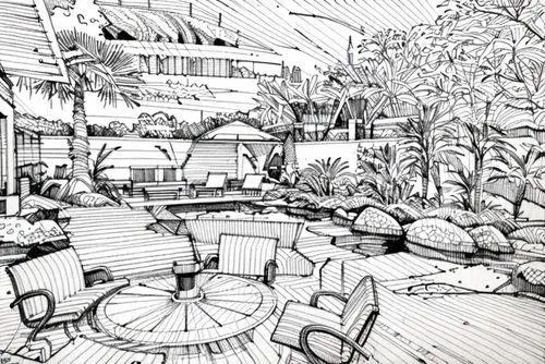 garden design sydney,landscape design sydney,landscape designers sydney,pen drawing,coloring page,patio,terrace,roof garden,roof terrace,hand-drawn illustration,garden furniture,resort,patio furniture,outdoor dining,line drawing,sake gardens,tropical house,garden elevation,terraces,grilled food sketches,Design Sketch,Design Sketch,None