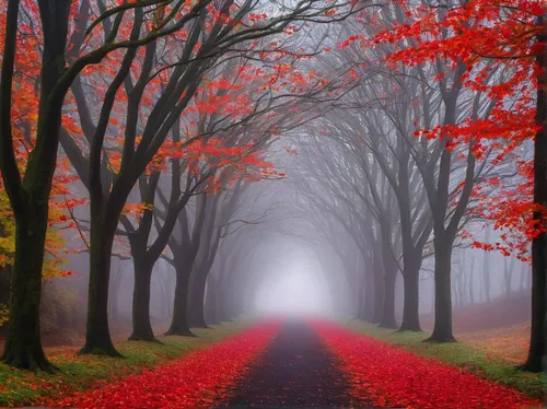 autumn fog,autumn forest,foggy forest,germany forest,tree lined path,tree lined lane,fairytale forest,autumn scenery,foggy landscape,forest road,forest path,the mystical path,enchanted forest,tree lined,forest of dreams,autumn landscape,maple road,deciduous forest,red tree,landscape red,Conceptual Art,Daily,Daily 23