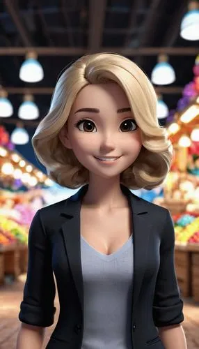 The image is a portrait of a young woman standing in an indoor market. She is wearing a black blazer over a grey tank top and has long blonde hair that is styled in loose waves. She has a serious expr