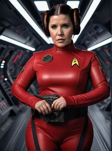 plus-sized princess Leia as Lt. Ohura wearing jewellery, and an original Star Trek red one-piece jumpsuits made of spandex, zipper completely down open,  on the main bridge of the USS Enterprise,  A c