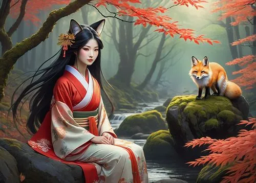 Female Kitsune, fantasy art, Japanese fox spirit, nine tails, slender legs, delicate feet, toenails painted red, traditional kimono, intricate golden embroidery, obi tied in a bow, long black hair wit