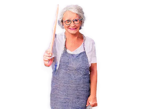 Old lady, wrinkles, silver hair, glasses, gentle smile, soft eyes, pale skin, floral dress, white apron, walking stick, standing, 3/4 composition, warm lighting, soft focus, shallow depth of field.,gr