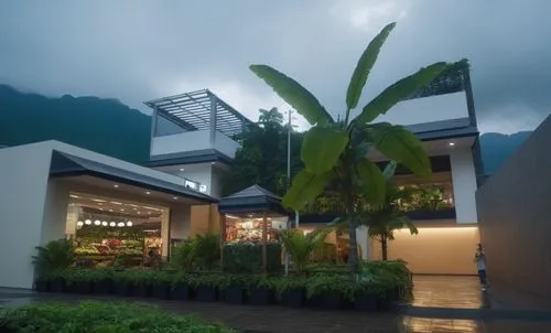 vista de centro comercial,muchas personas comprando,vegetacion selvatica ,montañas al fondo inicia noche,gran ambiente,tropical house,nuuanu,iao,hualien,philodendrons,manoa,koolau,punahou,kosrae,bulus