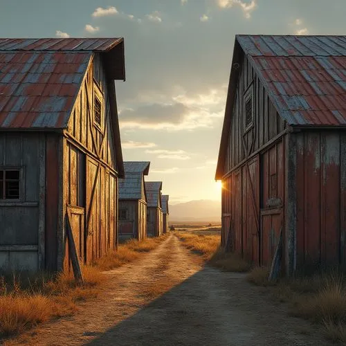 Rustic barns, distressed wood textures, corrugated metal roofs, asymmetrical silhouettes, abstract geometric shapes, bold color accents, weathered wooden boards, exposed steel beams, industrial lighti