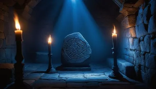 Glowing runes, ancient mysterious symbols, intricately carved, pulsing blue-white light, mystical aura, medieval fantasy setting, dimly lit dungeon, stone walls, torches flickering, magical atmosphere