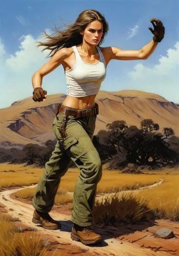 this is a painting of a woman in a desert scene,struzan,female warrior,warrior woman,Conceptual Art,Daily,Daily 09