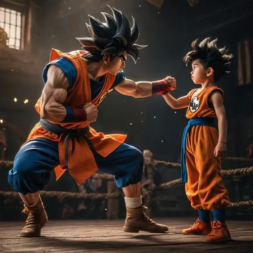 son goku,goku,dragon ball,dragon ball z,dragonball,fist bump,takikomi gohan,fighting poses,sanshou,fighting stance,fight,father-son,sparring,friendly punch,battōjutsu,confrontation,punch,battle,kame sennin,striking combat sports,Photography,General,Fantasy