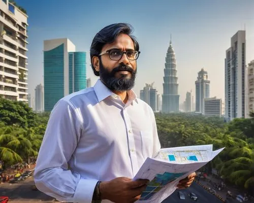 Middle-aged, mature architect, bespectacled, black hair, trimmed beard, white shirt, formal trousers, leather shoes, holding blueprints, standing, Chennai cityscape, modern skyscrapers, busy streets, 