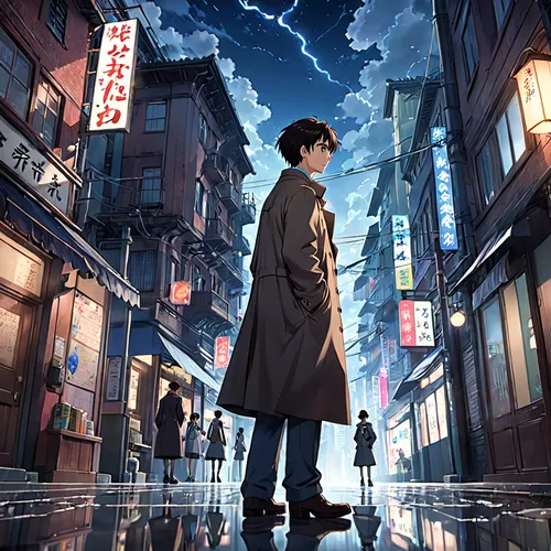 detective conan,detective,violet evergarden,overcoat,sherlock holmes,walking man,cover,main character,standing man,anime japanese clothing,man with umbrella,elementary,anime cartoon,sherlock,black city,yukio,book cover,film poster,lupin,long coat,Anime,Anime,General