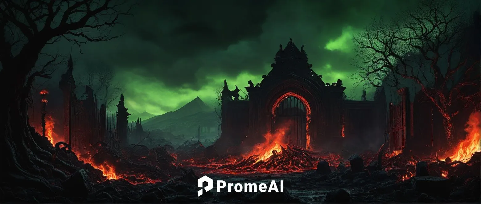 Hellish landscape, dark red sky, thick smoke clouds, lava flows, burning trees, destroyed buildings, skulls and bones scattered, demonic creatures lurking, ghostly spirits floating, eerie green glow, 