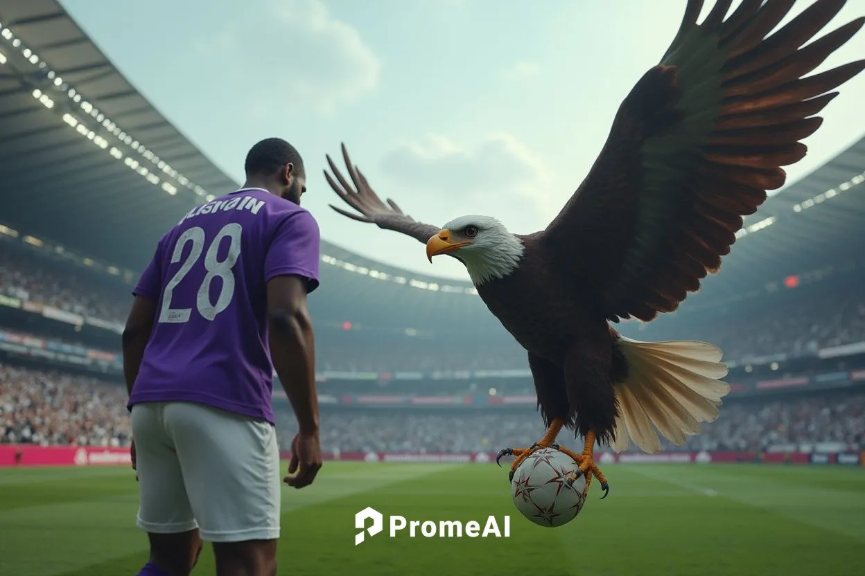 In the center of the stadium, the ‘Boss’ of Al Ain stands tall and unwavering, wearing his purple and white kit, while the giant eagle representing Al Ahly swoops down, both locked in a fierce and sym