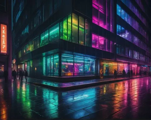 Modern skyscraper, cityscape, urban jungle, steel and glass structure, sleek lines, angular edges, LED lights, neon signs, bustling streets, night scene, vibrant colors, 3/4 composition, low-angle sho