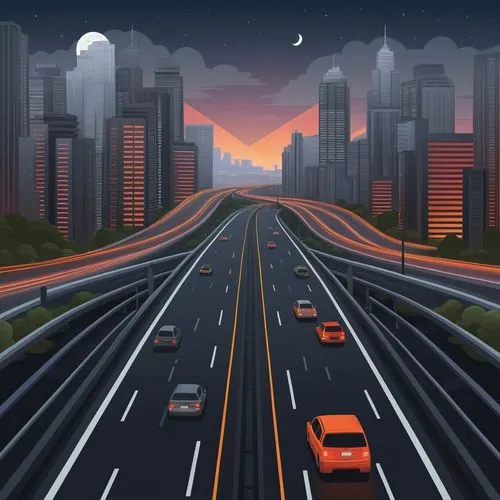 warm and dark spring botanical  gradient colors, asphalt grey highway, light and dark silver glass reflective skyscrapers, cityscape, night, stars moon, matte and vibrant,the night is full of traffic 