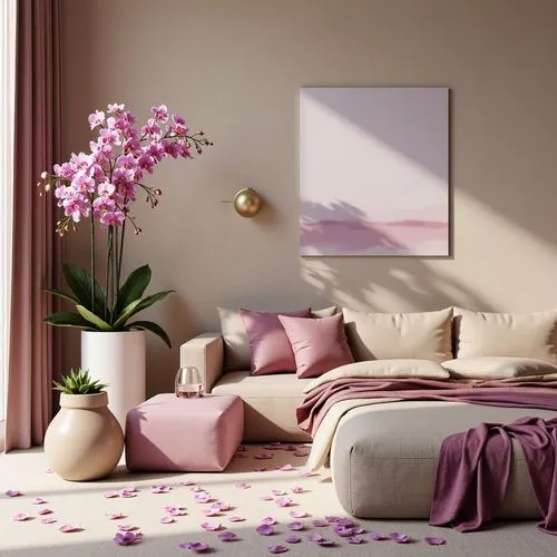 Elegant orchid-inspired color scheme, soft pastel hues, delicate petals, subtle shine, luxurious fabrics, velvety textures, sophisticated modern design, neutral beige backgrounds, rich plum accents, m