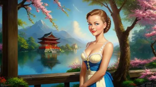 Romantic masterpiece oil painting, cute shrine maiden girl portrait, nostalgic 1950's style kitsch, beautiful exotic Japanese landscape, cherry blossom park scenery, Japanese sakura, flower petals, by