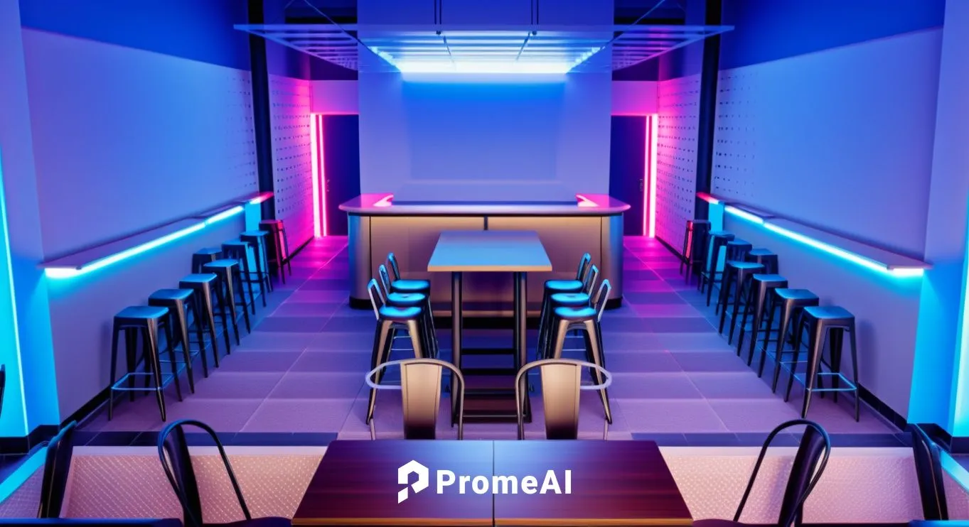 Beerbar Synthwave style
Vaporwave style background panel.
Blue neon top grille
STONE counter blue.,nightclub,zaal,piano bar,lecture room,ufo interior,lecture hall,clubroom,banquette,event venue,confer