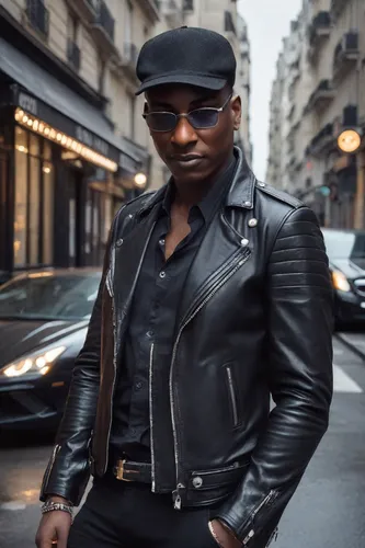 leather hat,black leather,damme,blade,leather,ray-ban,cognac,ervin hervé-lóránth,aviator sunglass,paris shops,street fashion,leather jacket,toulouse,chasseur,black man,black male,black businessman,black skin,black motorcycle,aviator,Photography,Realistic