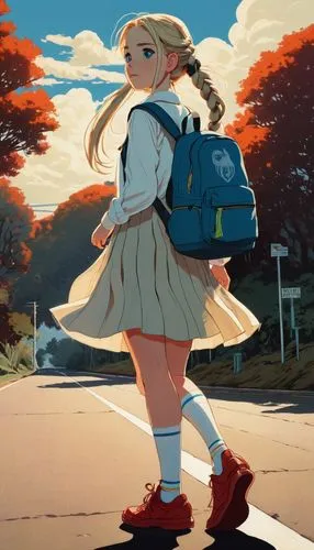 tsumugi kotobuki k-on,darjeeling,schoolgirl,walk,school skirt,girl walking away,heavy object,school clothes,studio ghibli,school uniform,backpack,walking,pedestrian,stroll,i walk,strolling,darjeeling tea,anime japanese clothing,a pedestrian,alice,Illustration,American Style,American Style 09