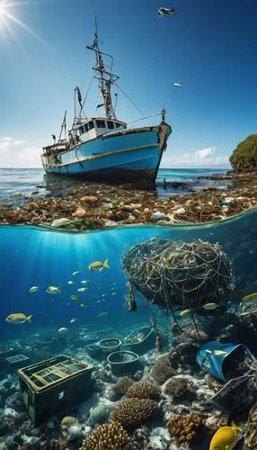 Overfishing, ocean conservation, coral reefs, school of fish, marine life, polluted waters, dead fish, fishing nets, abandoned boats, coastal scenery, sunny day, clear blue water, seaweed, beach trash