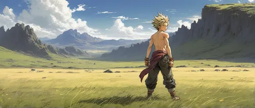 boy, Gau character from Final Fantasy VI, wild hair, feral pose, torn clothes, barefoot, standing on Veldt grassland, game-style rendering, vibrant colors, dynamic action pose, expressive face, intens