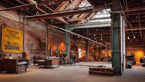 Industrial-chic architectural salvage store, Denver Colorado, worn brick walls, reclaimed wooden beams, metal scaffolding, vintage construction signs, distressed concrete floors, eclectic mix of antiq