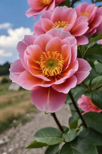 a bunch of pretty flowers in a field,prairie rose,landscape rose,common peony,japanese anemone,peach rose,rosa zephirine drouhin,Photography,General,Realistic