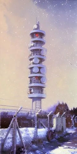 Beautiful romantic oil painting by Frank Frazetta, volumetric lighting, white satellite dishes, snowing on Christmas Eve,cellular tower,control tower,radio tower,electric tower,pagoda,beacon,transmitt