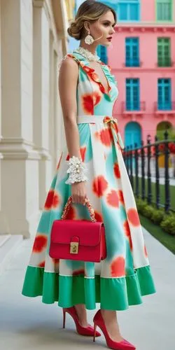 Fashion show ,woman with a brightly colored dress and red handbag on the street,marni,siriano,sobchak,trinny,dvf,watermelon pattern,Photography,General,Realistic