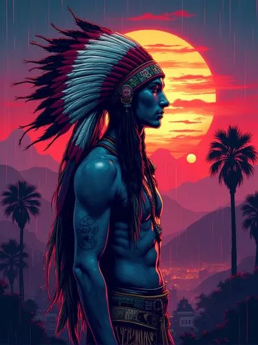 A vibrant illustration of a Native American man adorned with traditional attire, including a feathered headdress. The background showcases a vibrant sunset with rich colors, mountains, and palm trees,