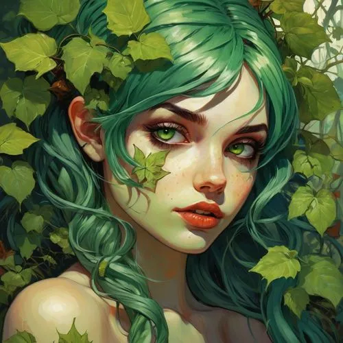 poison ivy,dryad,ivy,background ivy,mint blossom,fantasy portrait,fae,menta,green wreath,clovers,faery,forest clover,green mermaid scale,emerald,flora,green rose hips,anahata,green leaves,green skin,girl in a wreath,Conceptual Art,Fantasy,Fantasy 18