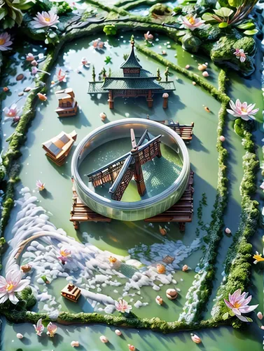 wishing well,japanese zen garden,flower clock,diorama,zen garden,fountain of friendship of peoples,lily pond,tiny world,japanese garden ornament,lilly pond,floor fountain,japanese shrine,scale model,gnome and roulette table,city fountain,centrepiece,japan garden,artificial island,3d render,japanese garden