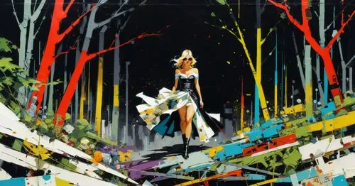 a painting of a woman standing on some colorful blocks,ballerina in the woods,mononoke,fairy forest,forest,in the forest,enchanted forest,Conceptual Art,Oil color,Oil Color 07